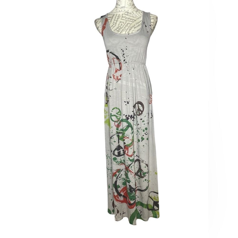 Daniel Benjamin Gray Peace Sign Patterned Maxi Dress L